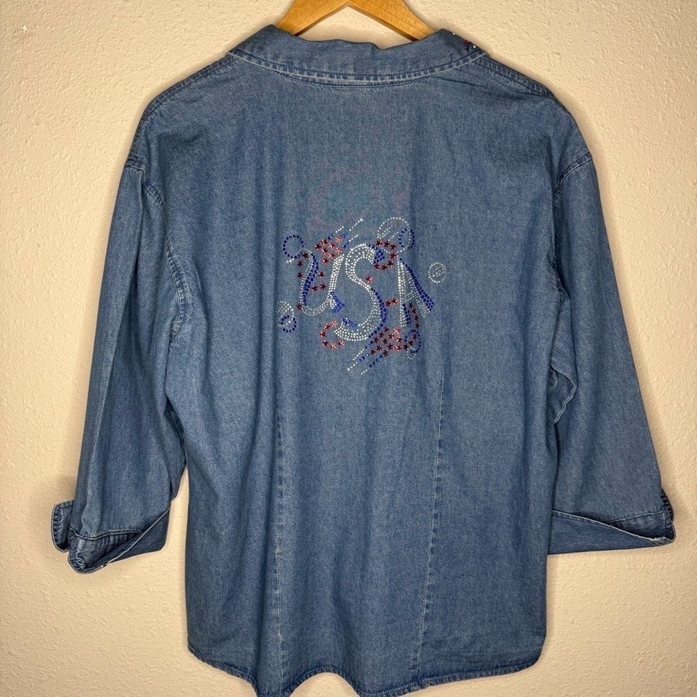 Isaac’s Designs Denim Jacket Embellished Shirt Unique USA Rhinestone Women’s 1XL - Picture 3 of 15